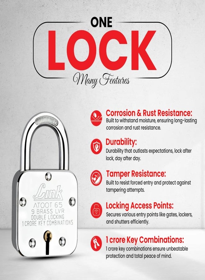Link Locks Atoot 65 9 Brass Lever 1crore Key Conbination Double Locking Pad Lock (Silver) Pack of 2 - Image 2
